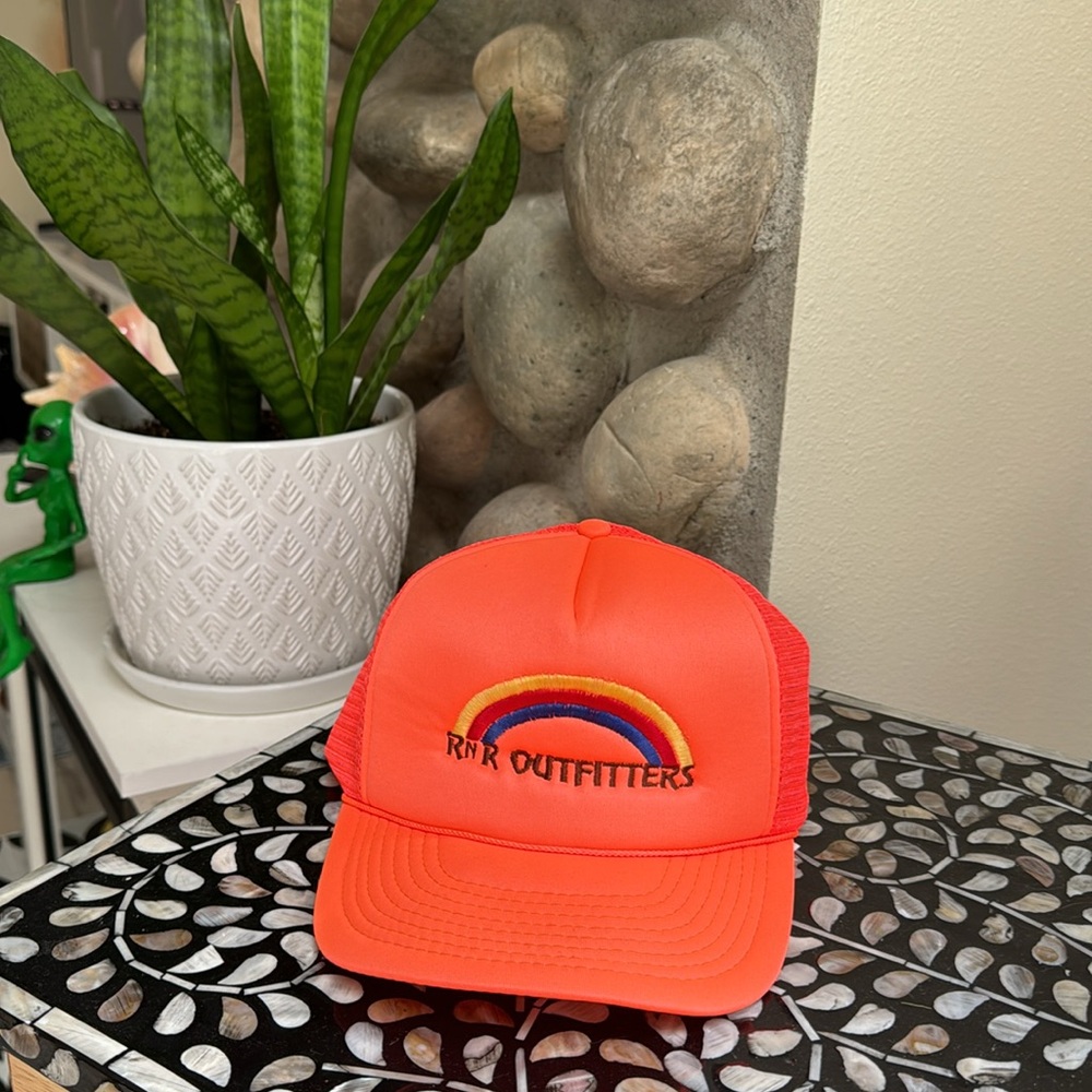 Vintage RnR Outfitters Neon Orange Mesh Trucker Hat Rainbow Logo Snapback USA